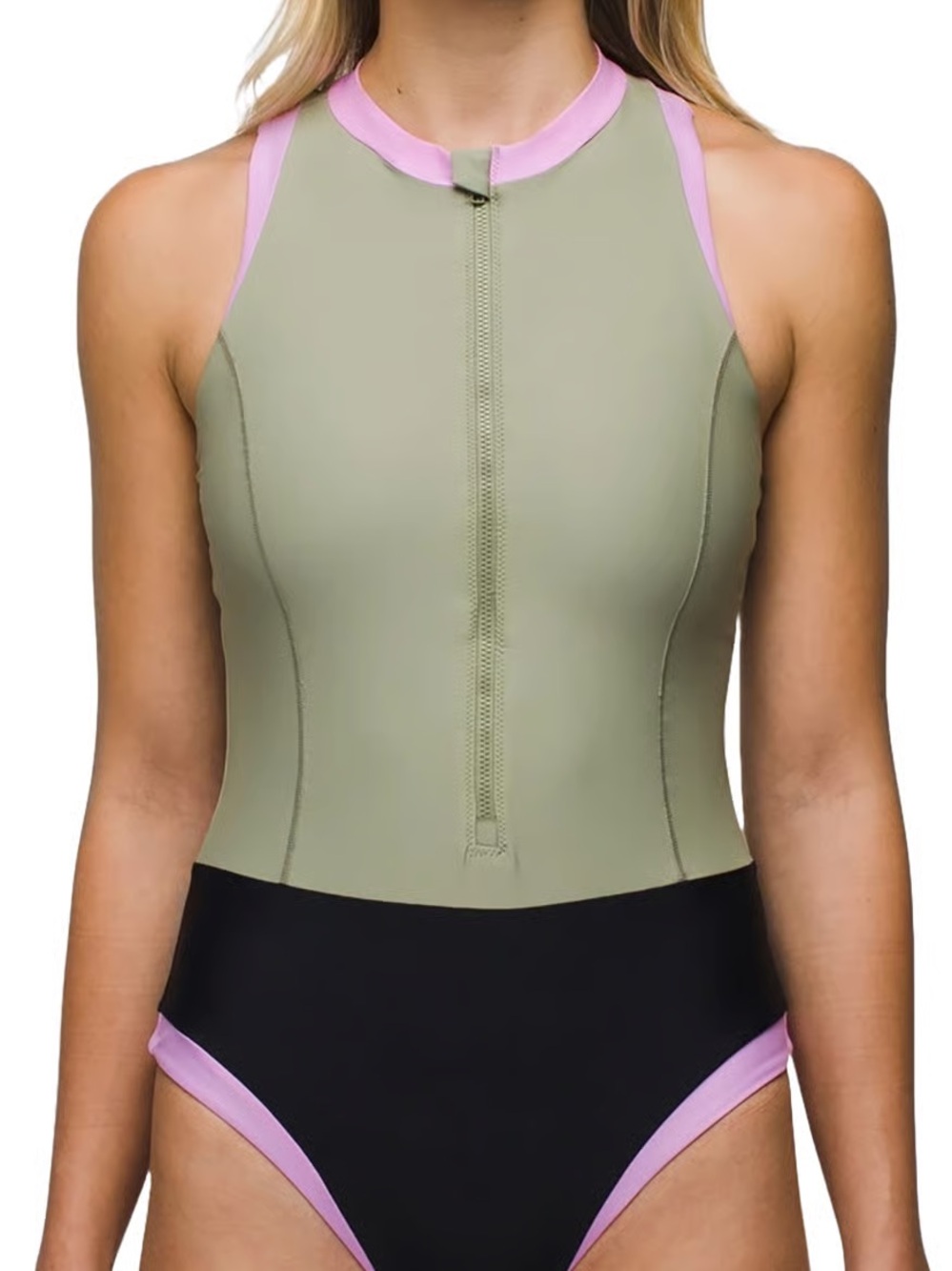 Prana Baja Bound Olive, Pink & Black Colorblock High-Neck One-Piece Swimsuit
